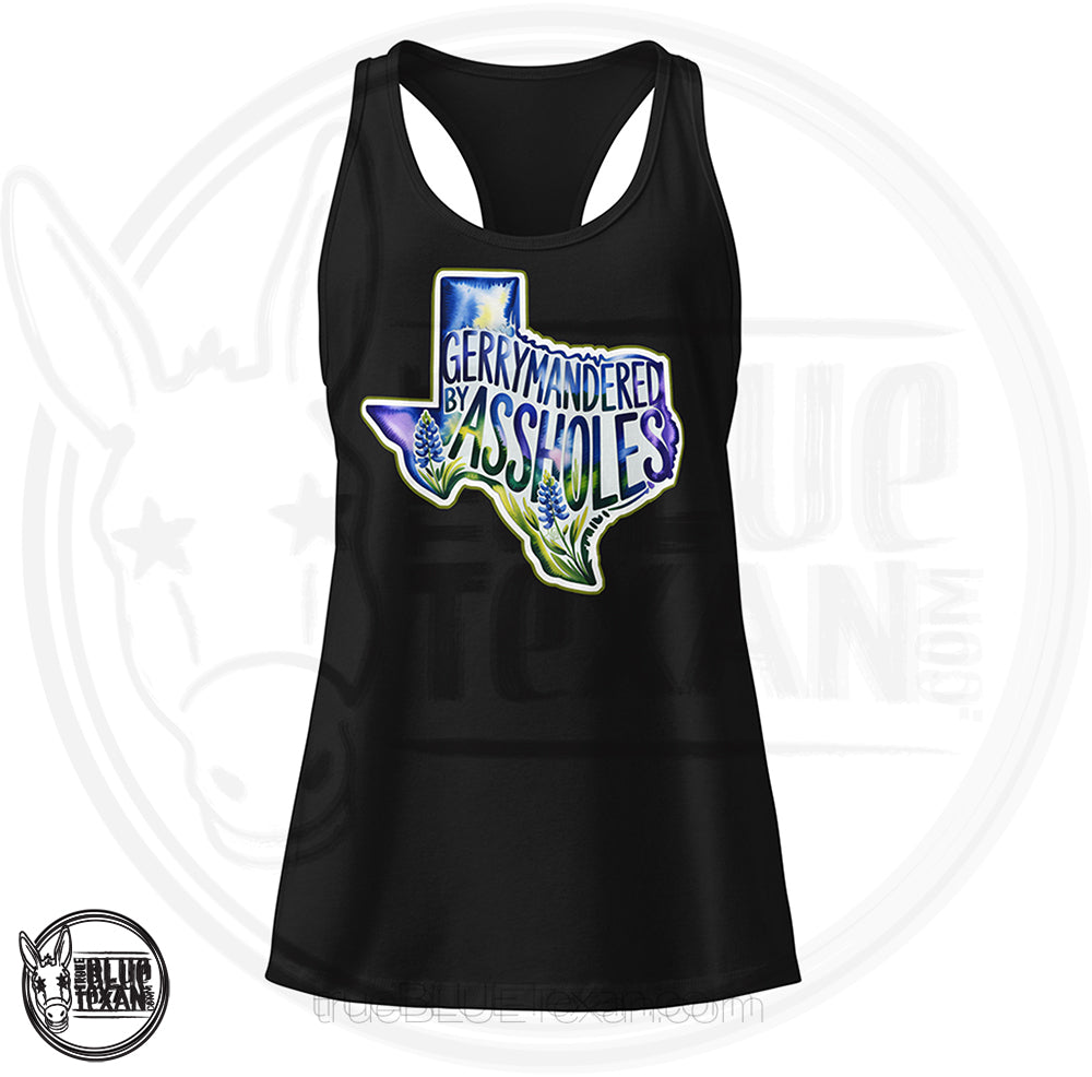 black women's racerback tank top with the shape of Texas featuring Bluebonnet flowers that says "Gerrymandered by Assholes"