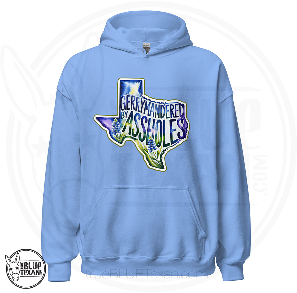 unisex hoodie with the shape of Texas featuring Bluebonnet flowers that says "Gerrymandered by Assholes" in light blue