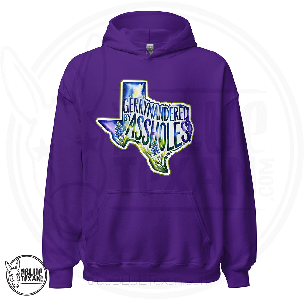 unisex hoodie with the shape of Texas featuring Bluebonnet flowers that says "Gerrymandered by Assholes" in purple