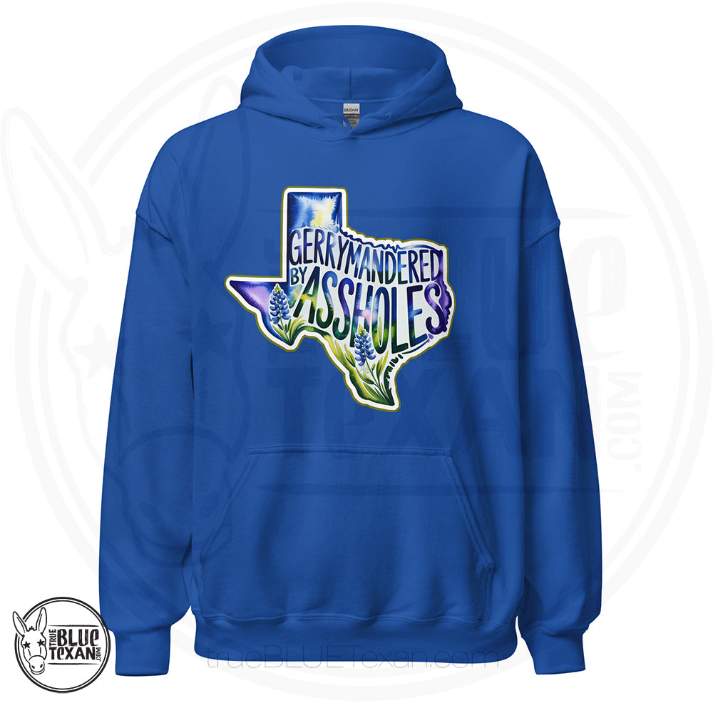 unisex hoodie with the shape of Texas featuring Bluebonnet flowers that says "Gerrymandered by Assholes" in royal blue