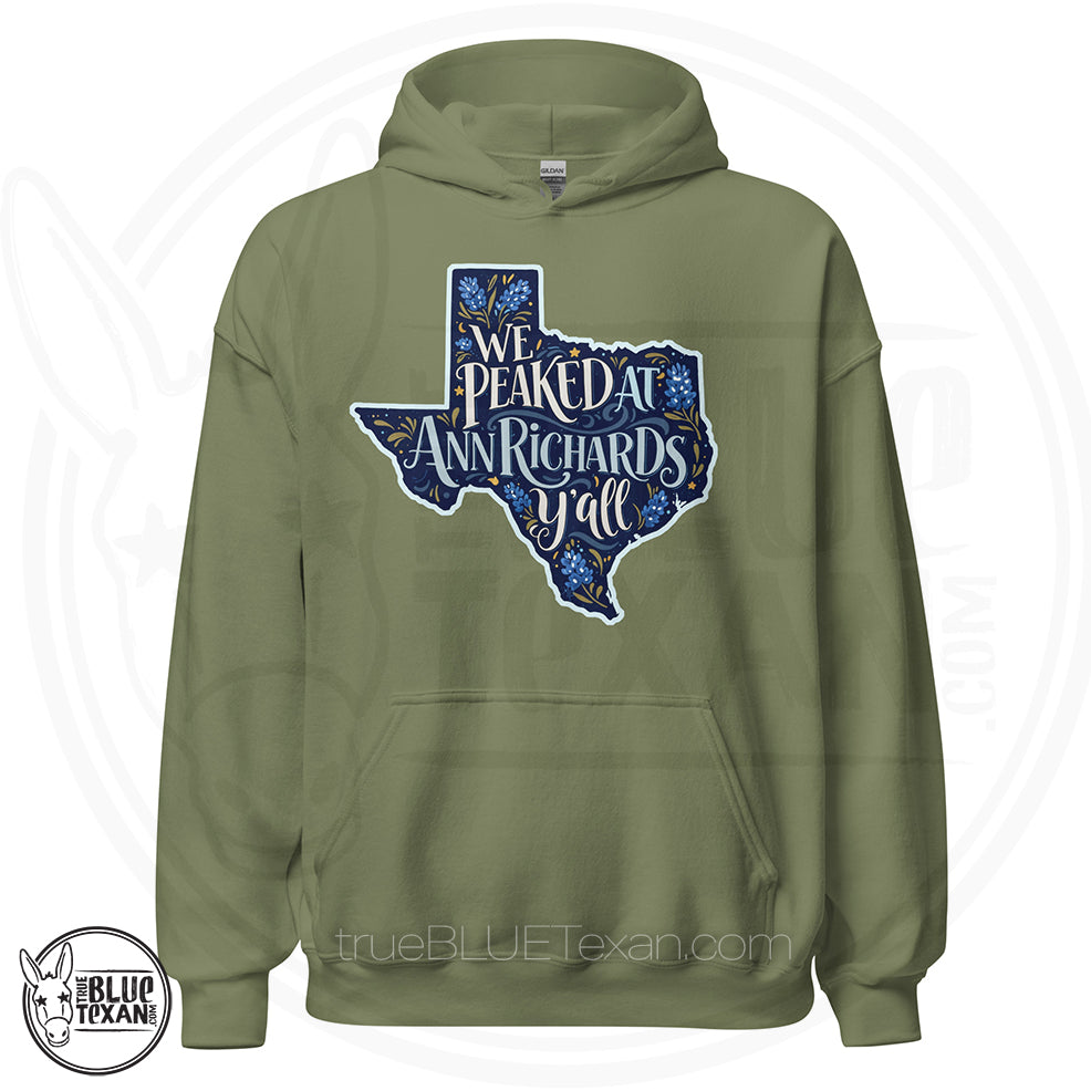 We Peaked at Ann Richards Y'all Unisex Hoodie in green