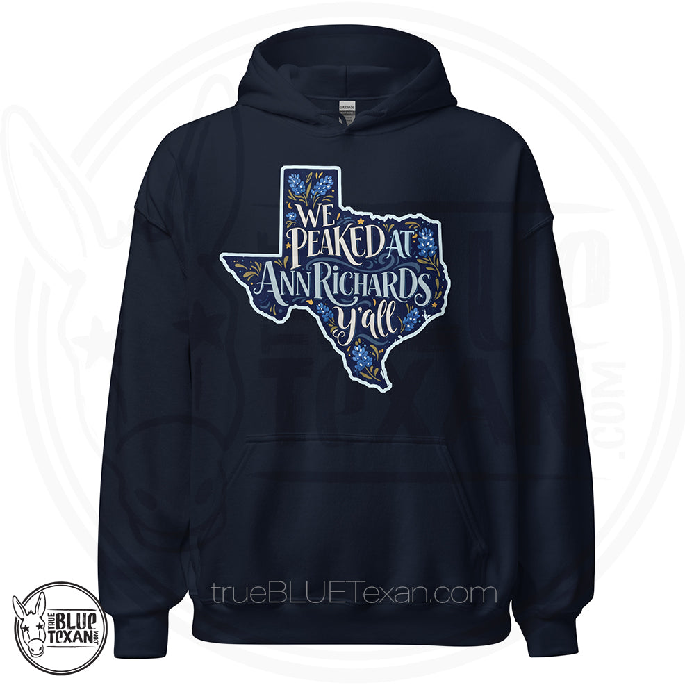 We Peaked at Ann Richards Y'all Unisex Hoodie in navy