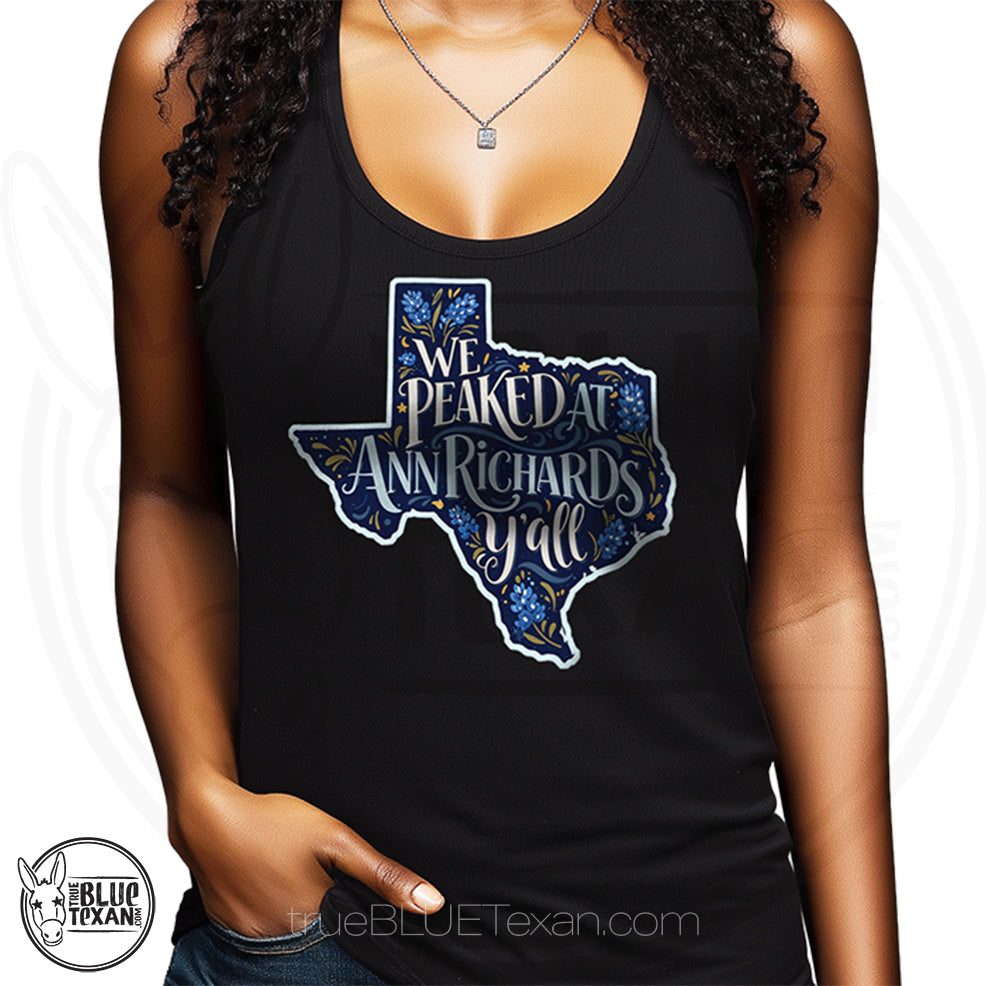 We Peaked at Ann Richards Women's Racerback Tank Top in black