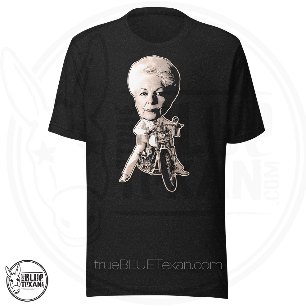 Ann Richards classic riding her Harley Bobblehead Version Unisex Premium TShirt in Heather Black