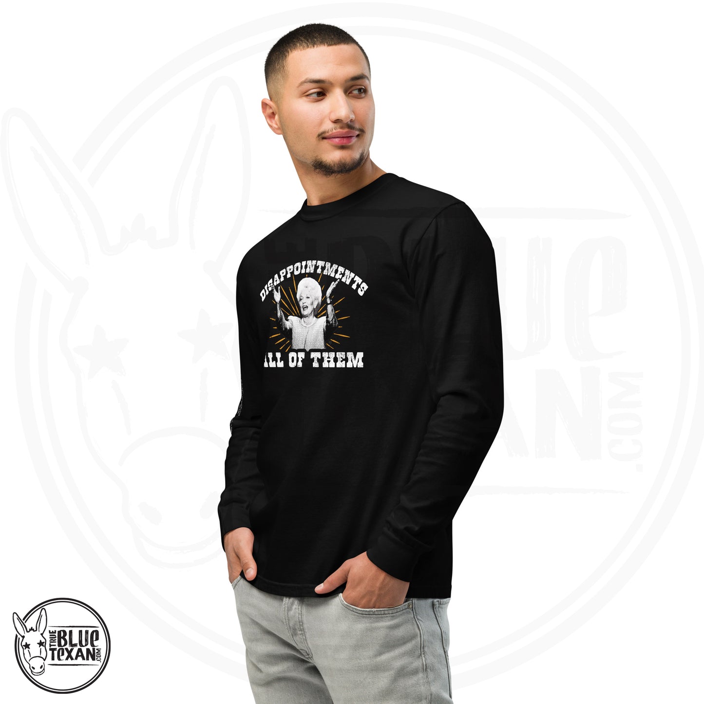 Ann Richards Premium Comfort Colors long sleeve (Disappointments - ALL OF THEM) in Black. Arm quote says In politics if you want something said, ask a man. If you want something done ask a woman." All apparel orders ship for $5 flat rate. FREE SHIPPING on decals, stickers and car freshies. Liberal, Leftist, Progressive Texas Democrats MAD DOG PAC - true BLUE Texan