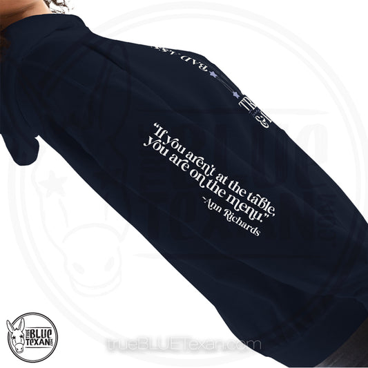 Bad Ass, Liberal, Feminist, Trailblazer, Hellraiser. Texas Governor Ann Richards premium unisex hoodie sweatshirt in navy. The arm features the quote "If you aren't at the table. you are on the menu."
