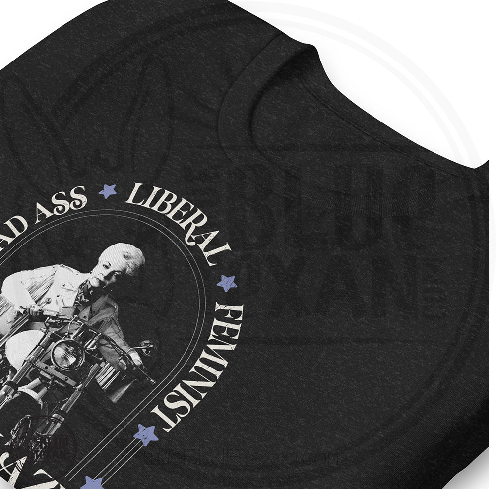 Bad Ass, Liberal, Feminist, Trailblazer, Hellraiser. Texas Governor Ann Richards premium unisex tshirt tee shirt in Black Heather Close up