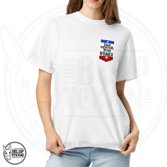 "Don't mess with Texas Women" Comfort Colors Tshirt - Women's Rights, Gilead, Texas Democrats Liberal Leftist Progressive - Nicole Collier, Jasmine Crockett, Gina Hinajosa, Jolanda Jones, Ann Johnson, Governor Ann Richards. All apparel orders ship for $5 flat rate. FREE SHIPPING on decals, stickers and car freshies.