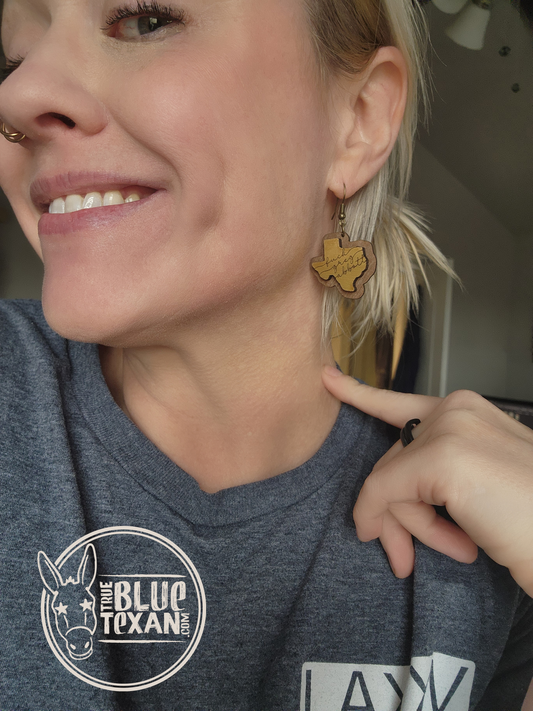 Low Key Fuck Greg Abbott Handmade Dangle Earrings | Repurposed Basswood & Thin Raw Walnut
