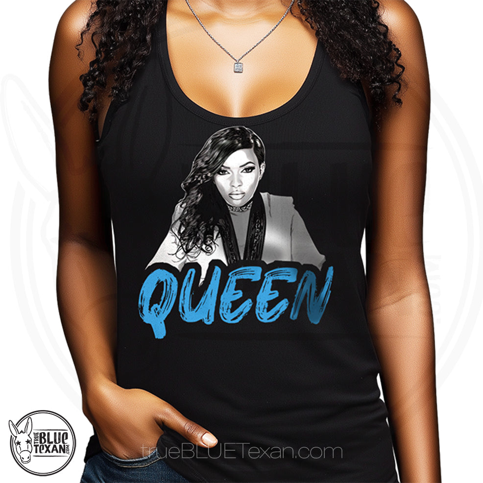 Black Women's Racerback Tank Top with a graphic of Texas Representative of TX-30 Jasmine Crockett and the text 'Queen' Original Design, Premium Tee Shirt, Small Business