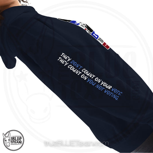Make Texas Great Again Satire Hoodie featuring Texas GOP Greg Abbott, Dan Patrick, Ken Paxton, Ted Cruz, John Cornyn in Don't Mess with Texas Trash Cans in Navy w quote they don't count on your vote, they count on you not voting