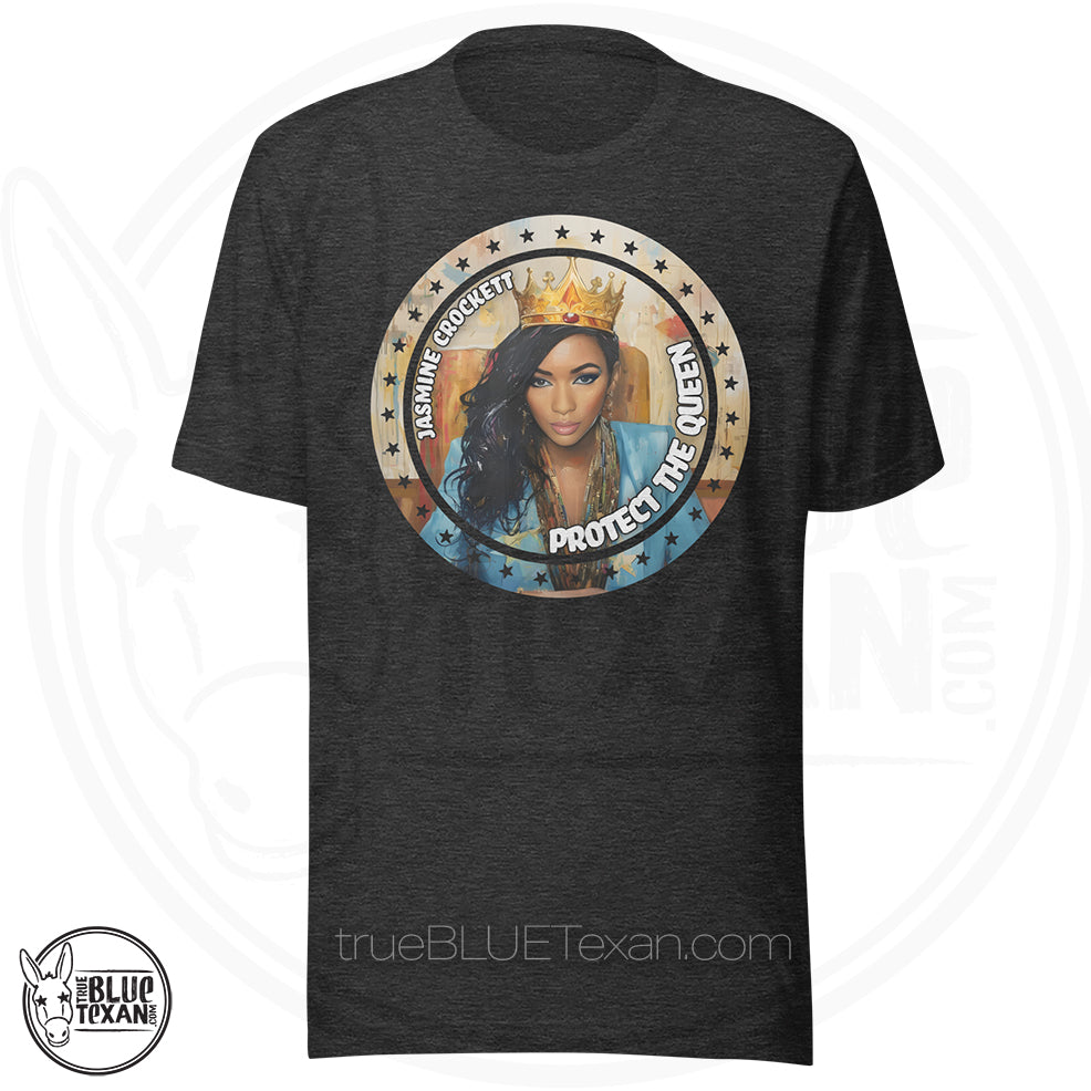 Black Gray t-shirt with a graphic of Texas Representative of TX-30 Jasmine Crockett wearing a crown and text 'Jasmine Crockett Protect the Queen' Original Design, Premium Tee Shirt