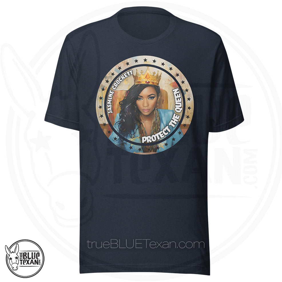 Navy t-shirt with a graphic of Texas Representative of TX-30 Jasmine Crockett wearing a crown and text 'Jasmine Crockett Protect the Queen' Original Design, Premium Tee Shirt