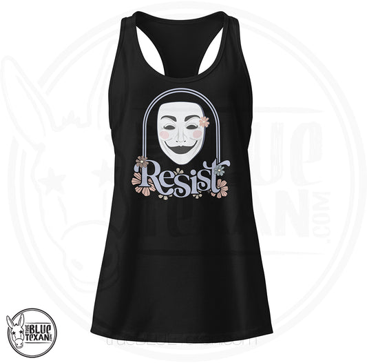 Black tank top with a female guy fawkes mask graphic and 'Resist' with flowers