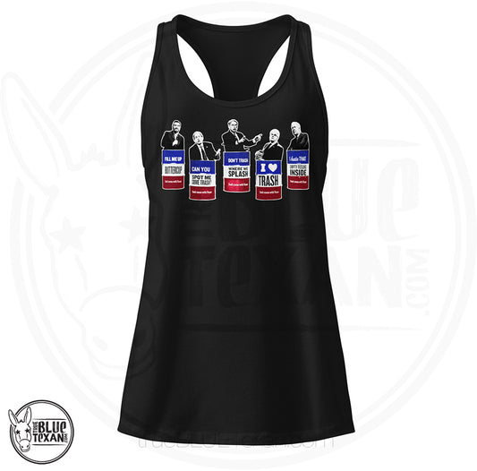 Trash the Texas GOP black racerback tank top featuring Texas GOP Greg Abbott, Dan Patrick, Ken Paxton, Ted Cruz, John Cornyn in Don't Mess with Texas Trash Cans in black