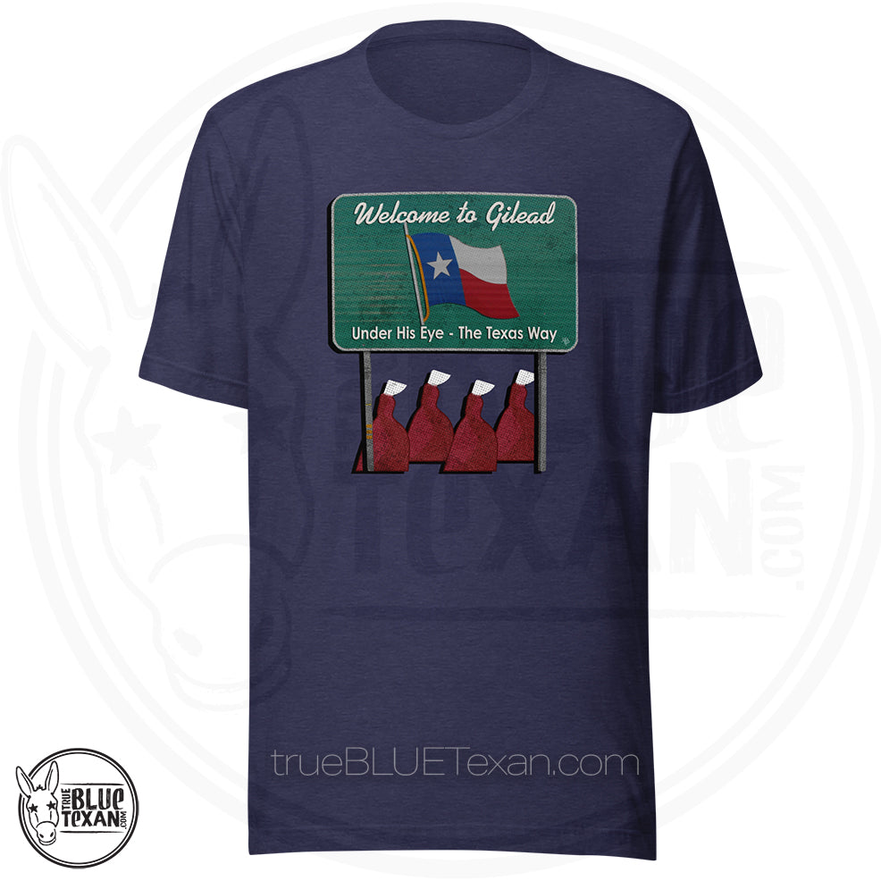Heather navy premium tshirt tee shirt with 'Welcome to Gilead' graphic design featuring a Texas flag and Handmaid's Tale Women in red dresses