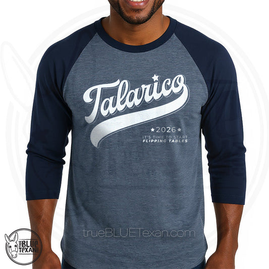 Talarico 2026 Flipping Tables Baseball Design  |  3/4 Sleeve Unisex Raglan Shirt