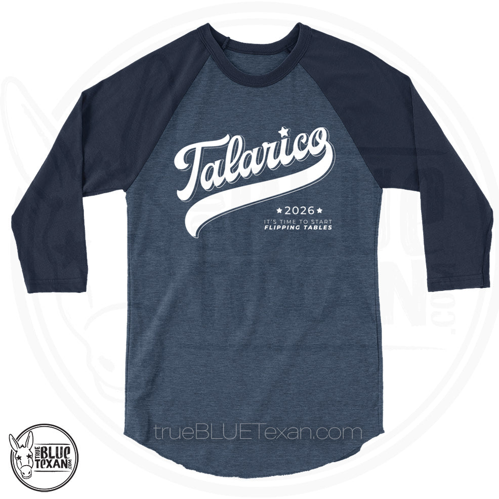 Talarico 2026 Flipping Tables Baseball Design  |  3/4 Sleeve Unisex Raglan Shirt