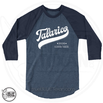 Talarico 2026 Flipping Tables Baseball Design  |  3/4 Sleeve Unisex Raglan Shirt