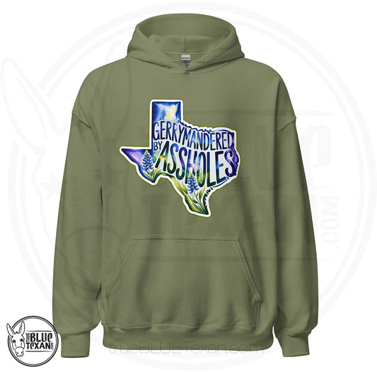 unisex hoodie with  the shape of Texas featuring Bluebonnet flowers that says "Gerrymandered by Assholes"