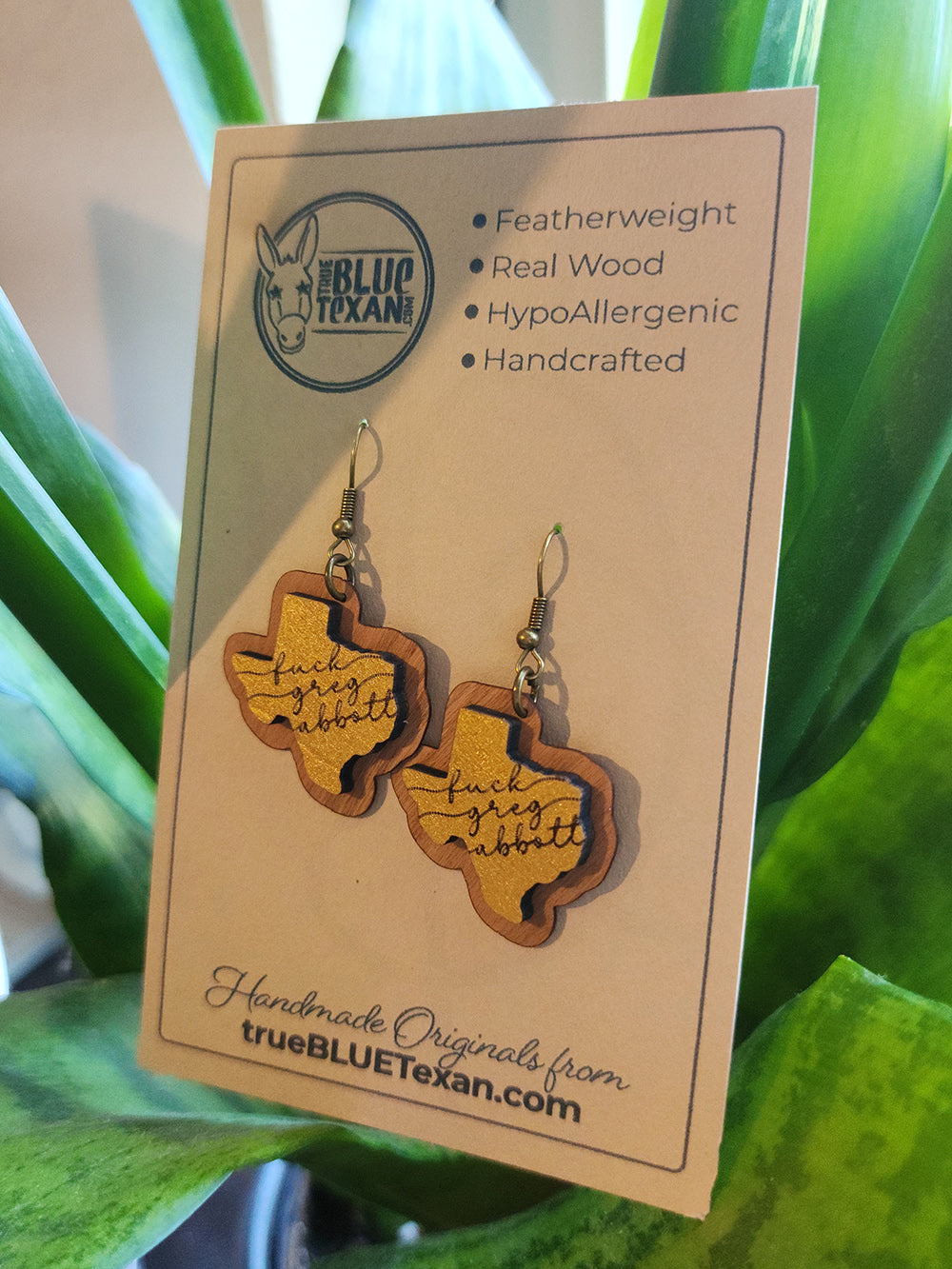 Low Key Fuck Greg Abbott Handmade Dangle Earrings |  Repurposed Basswood & Thin Raw Walnut