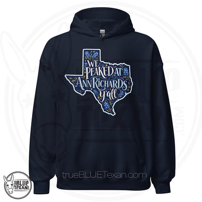 We Peaked at Ann Richards Y'all Unisex Hoodie in navy