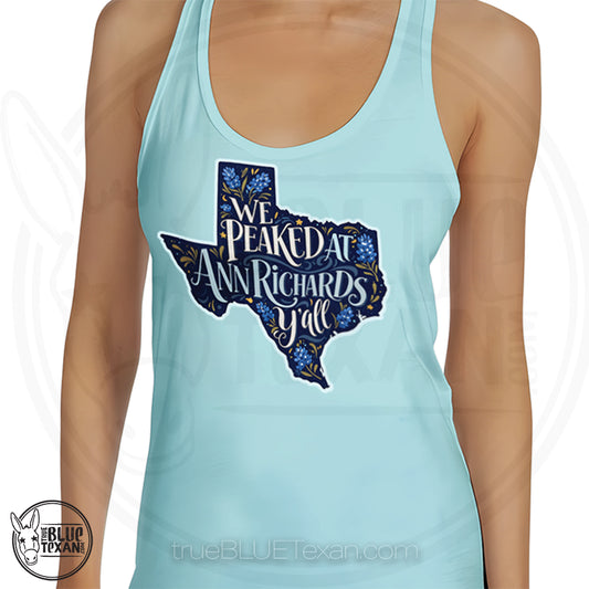 We Peaked at Ann Richards Women's Racerback Tank Top in light blue