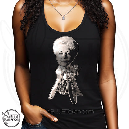 Ann Richards Bobblehead Motorcycle Women's Racerback Tank Top in Black