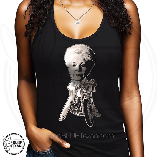 Ann Richards Bobblehead Motorcycle Women's Racerback Tank Top in Black