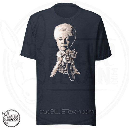 Ann Richards classic riding her Harley Bobblehead Version Unisex Premium TShirt Navy