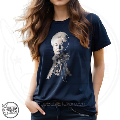 Ann Richards classic riding her Harley Bobblehead Version on a women's acy tshirt