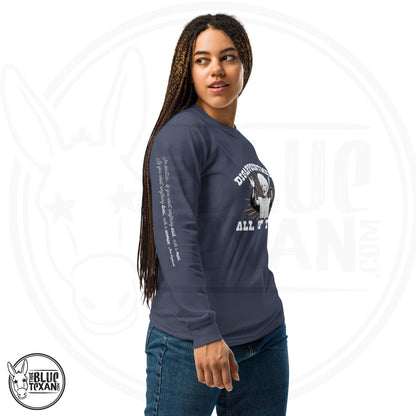Ann Richards Premium Comfort Colors long sleeve (Disappointments - ALL OF THEM) in Blue. Arm quote says In politics if you want something said, ask a man.  If you want something done ask a woman." All apparel orders ship for $5 flat rate. FREE SHIPPING on decals, stickers and car freshies. Liberal, Leftist, Progressive Texas Democrats MAD DOG PAC - true BLUE Texan 
