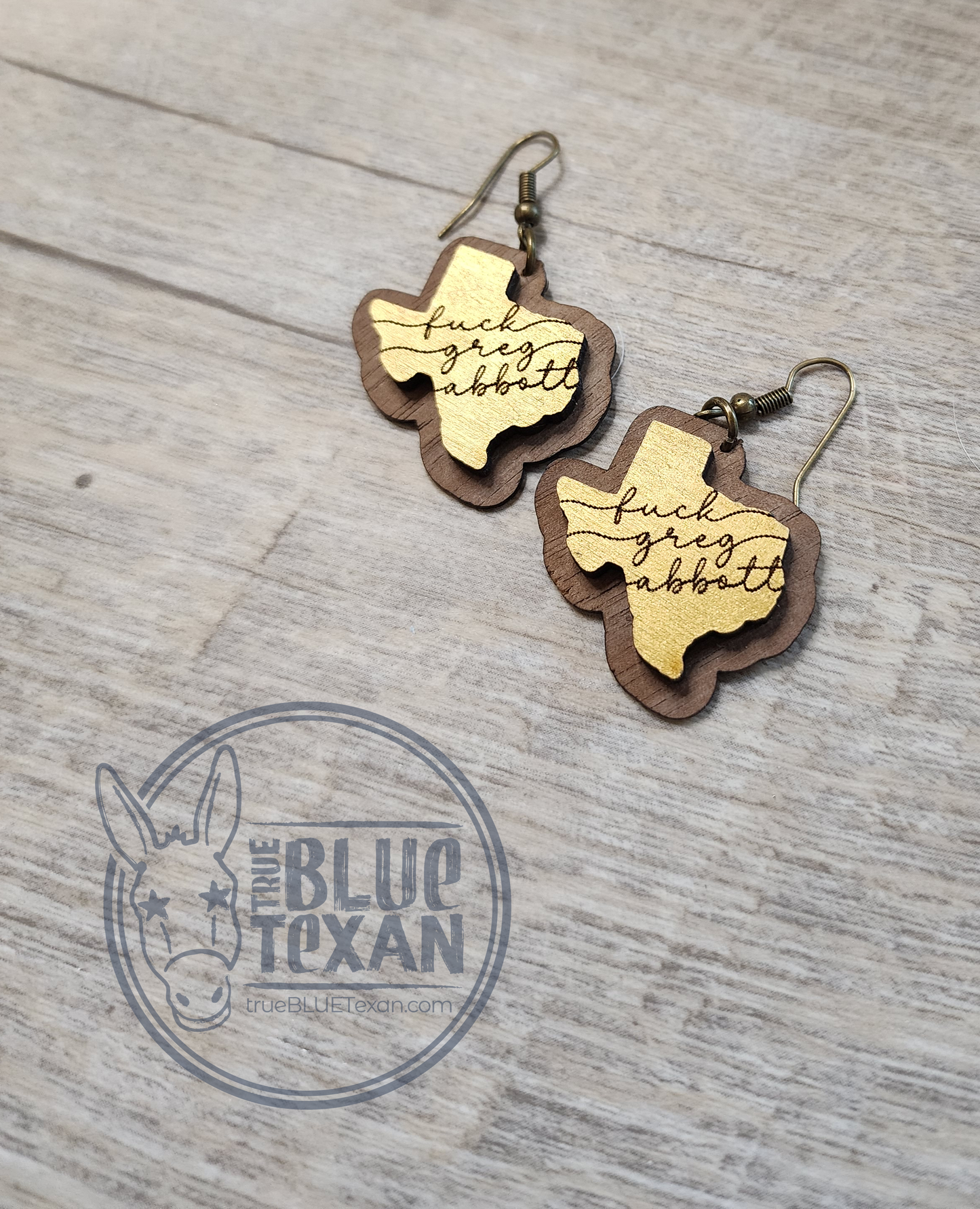 Low Key Fuck Greg Abbott Handmade Dangle Earrings |  Repurposed Basswood & Thin Raw Walnut