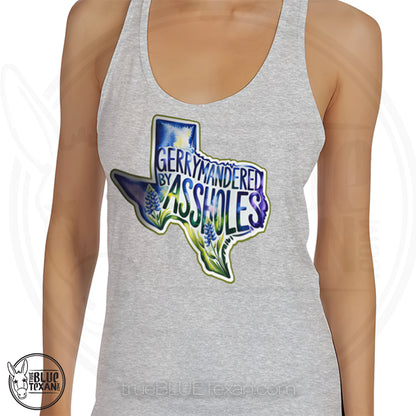 Gray women's racerback tank top with  the shape of Texas featuring Bluebonnet flowers that says "Gerrymandered by Assholes"