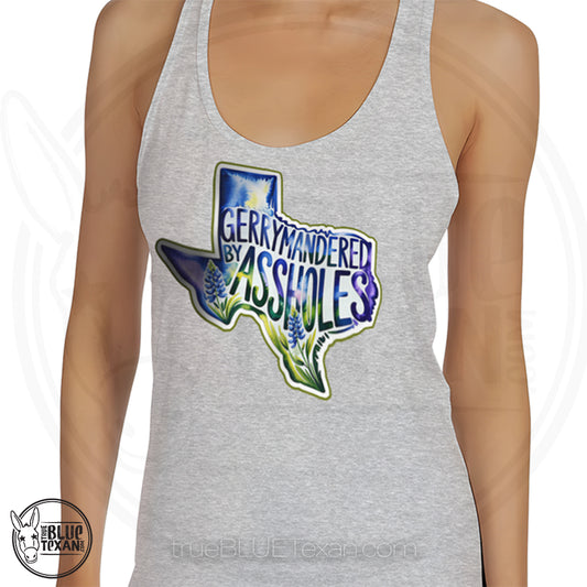 Gray women's racerback tank top with  the shape of Texas featuring Bluebonnet flowers that says "Gerrymandered by Assholes"