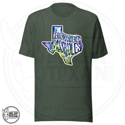 premium unisex tshirt with  the shape of Texas featuring Bluebonnet flowers that says "Gerrymandered by Assholes" in green