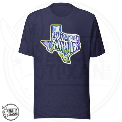 premium unisex tshirt with  the shape of Texas featuring Bluebonnet flowers that says "Gerrymandered by Assholes"  in navy