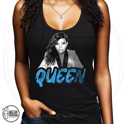 Black Women's Racerback Tank Top with a graphic of Texas Representative of TX-30 Jasmine Crockett and the text 'Queen' Original Design, Premium Tee Shirt, Small Business