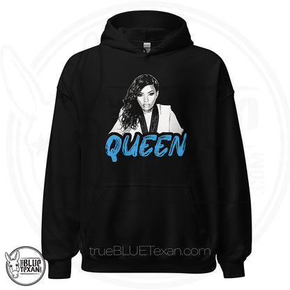 Black Unisex Hoodie with a graphic of Texas Representative of TX-30 Jasmine Crockett and the text 'Queen' Original Design, Premium Sweat Shirt, Small Business