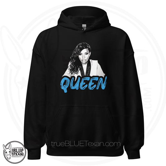 Black Unisex Hoodie with a graphic of Texas Representative of TX-30 Jasmine Crockett and the text 'Queen' Original Design, Premium Sweat Shirt, Small Business