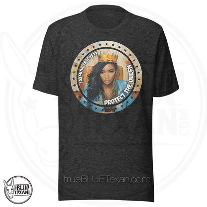 Black Gray t-shirt with a graphic of Texas Representative of TX-30 Jasmine Crockett wearing a crown and text 'Jasmine Crockett Protect the Queen' Original Design, Premium Tee Shirt