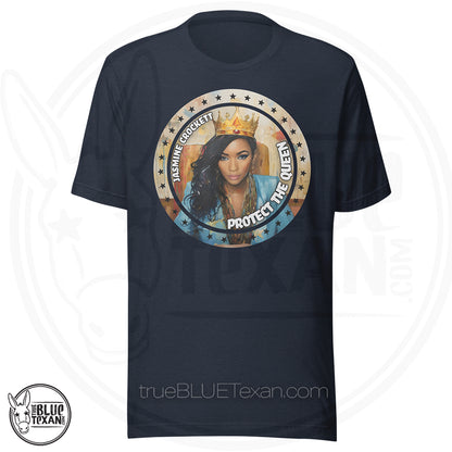 Navy t-shirt with a graphic of Texas Representative of TX-30 Jasmine Crockett wearing a crown and text 'Jasmine Crockett Protect the Queen' Original Design, Premium Tee Shirt