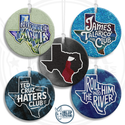 Buy 2 Get 1 FREE Liberal Texas Democrats Air Fresheners  | FREE SHIPPING | Great Gift for mom or dad | Fuck Greg Abbot, Greg Abbott Sucks, Roll Him in the River, Gerrymandered by Assholes, Ted Cruz Haters Club, Texas Gilead Handmaid's Tale, James Talarico Fan Club