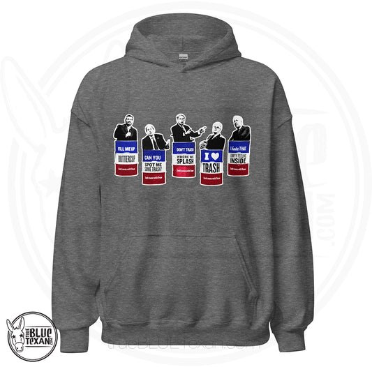 Trash the Texas GOP Unisex Hoodie featuring Texas GOP Greg Abbott, Dan Patrick, Ken Paxton, Ted Cruz, John Cornyn in Don't Mess with Texas Trash Cans in Gray Heather 