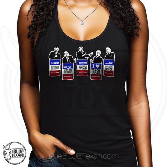 Trash the Texas GOP black racerback tank top featuring Texas GOP Greg Abbott, Dan Patrick, Ken Paxton, Ted Cruz, John Cornyn in Don't Mess with Texas Trash Cans in 