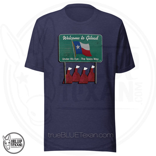 Heather navy premium tshirt tee shirt with 'Welcome to Gilead' graphic design featuring a Texas flag and Handmaid's Tale Women in red dresses