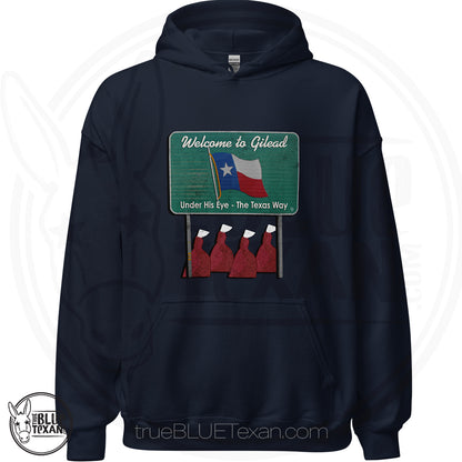 navy premium unisex hoodie with 'Welcome to Gilead' graphic design featuring a Texas flag and Handmaid's Tale Women in red dresses