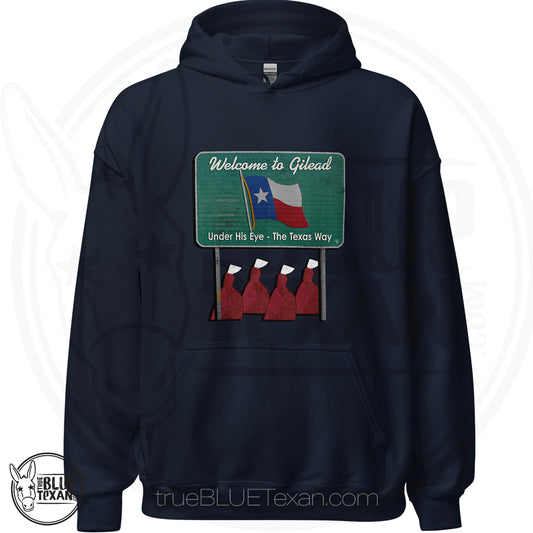 navy premium unisex hoodie with 'Welcome to Gilead' graphic design featuring a Texas flag and Handmaid's Tale Women in red dresses